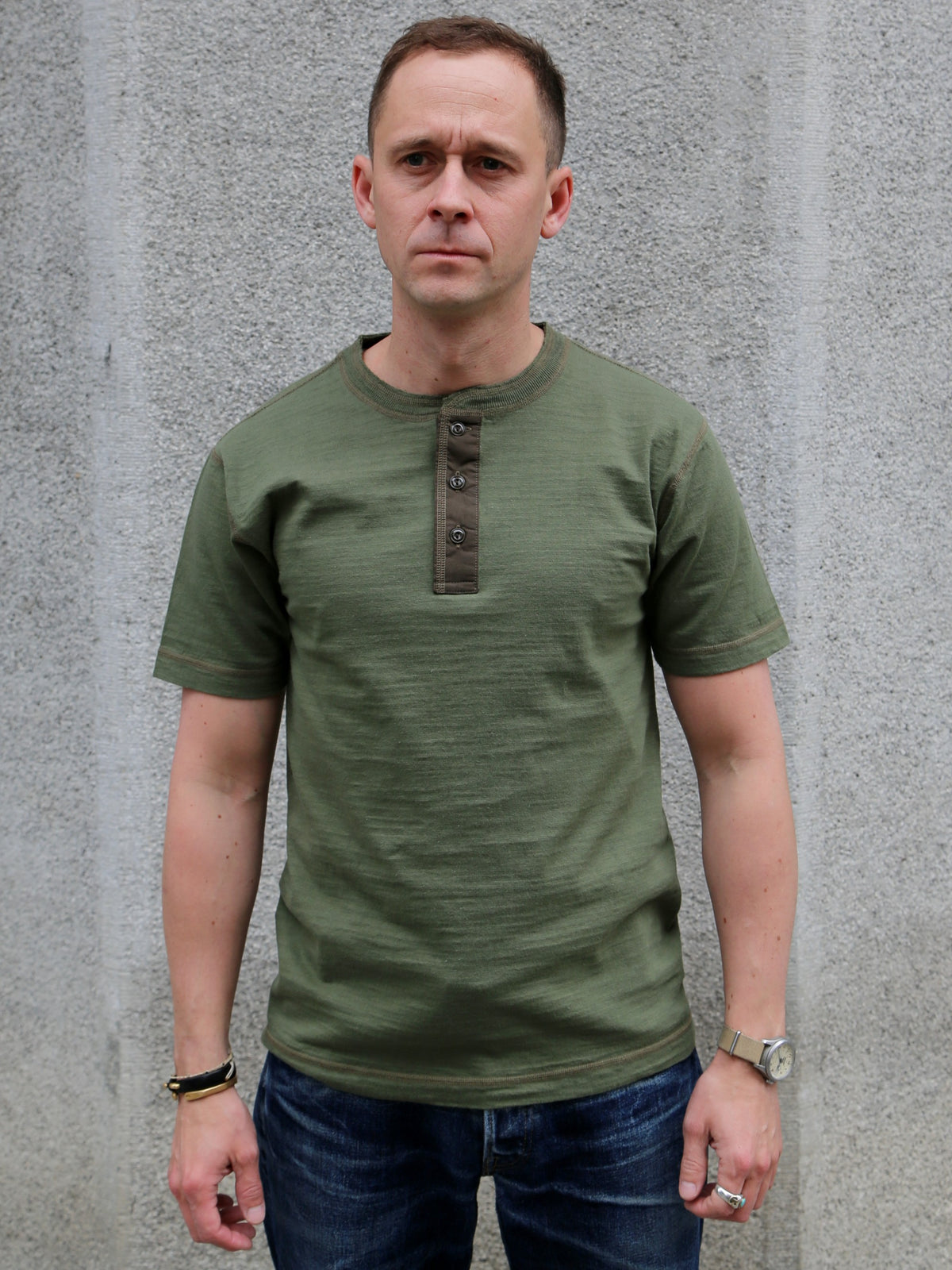 Buzz Ricksons Slub Yarn Henley Neck T-Shirt – Olive (BR79192)