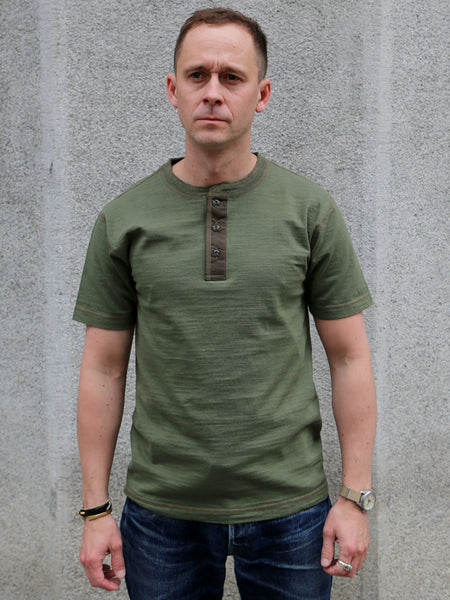 Buzz Ricksons Slub Yarn Henley Neck T-Shirt – Olive (BR79192)