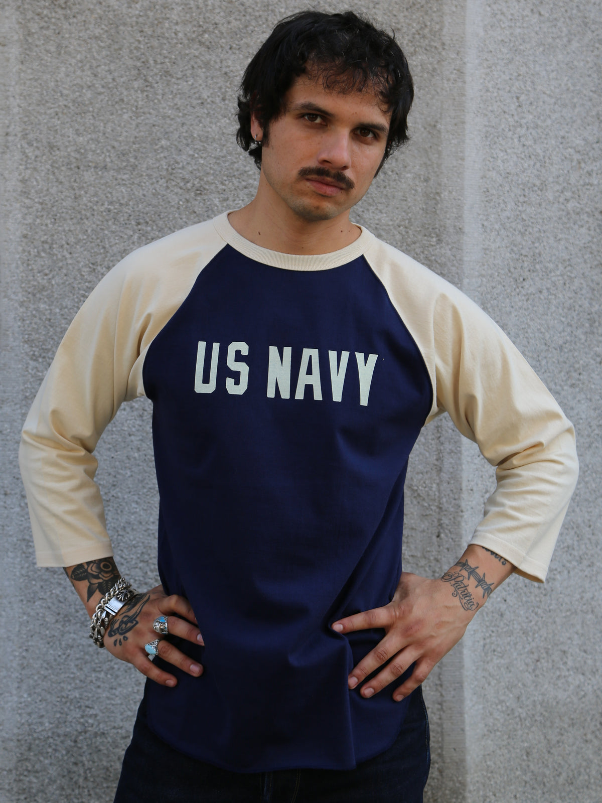 The Real McCoy's MC24002 Military Baseball Tee – Navy/Ecru