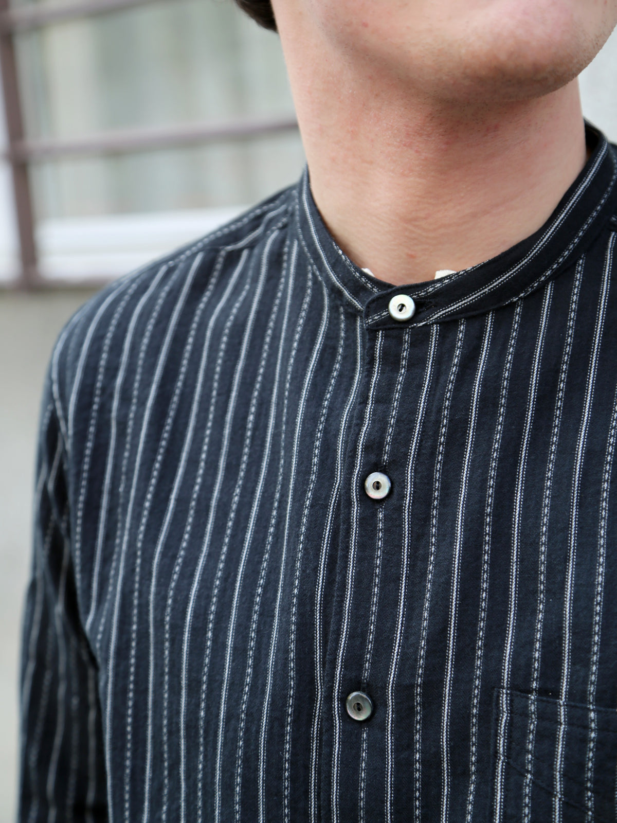 Black Sign Antique Cloth Band Collar Immigrant Shirt – Sumi Black (BSFL-25107)