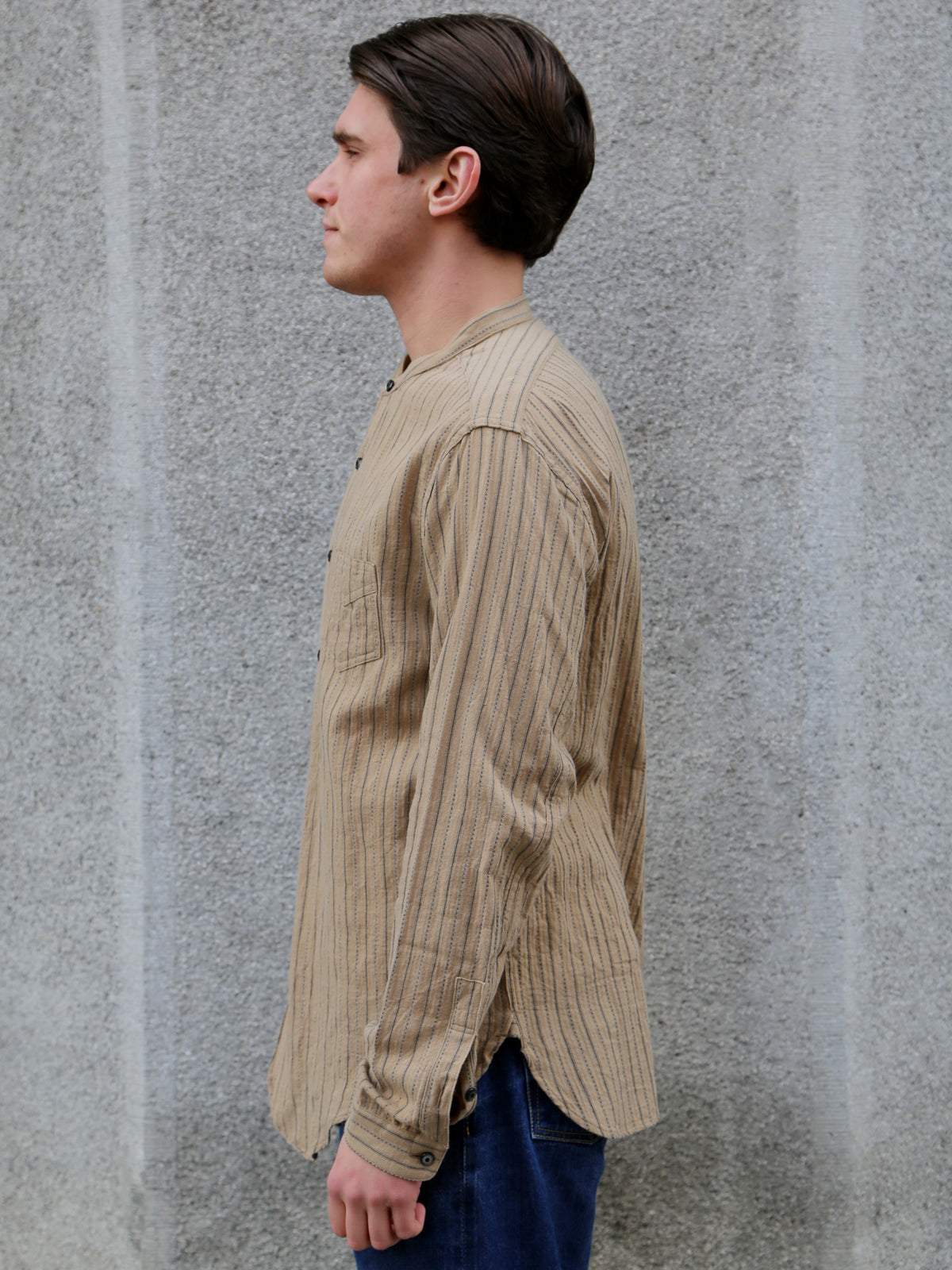 Black Sign Antique Cloth Band Collar Immigrant Shirt – Wheat Beige (BSFL-25107)