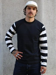 Iron Heart IHTB-11-BLK 7.5oz Cotton Long-Sleeved Crew Neck Border Tee – Black Body With Striped Arms