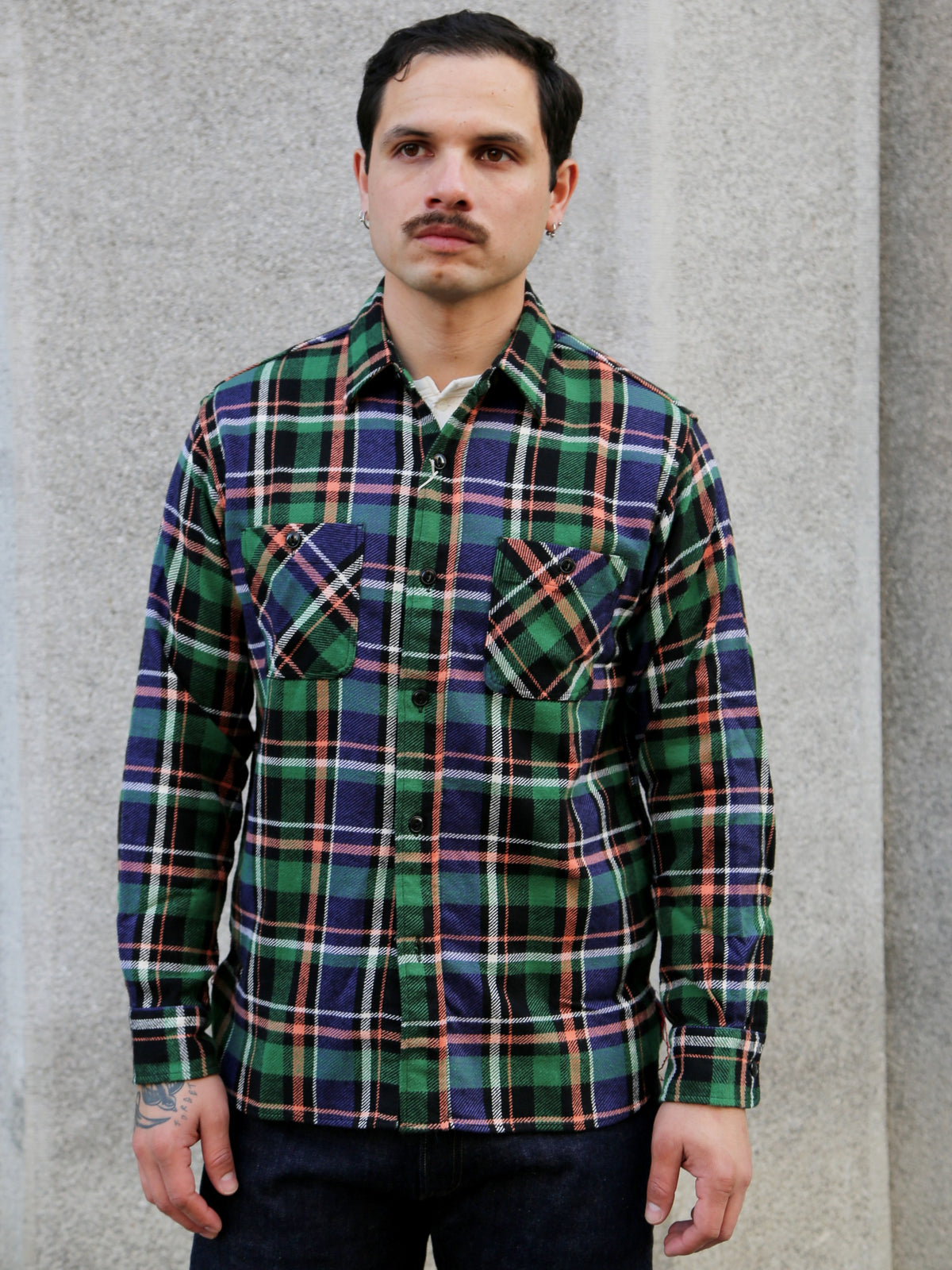 Sugar Cane Twill Check LS Work Shirt – Navy (SC29566)