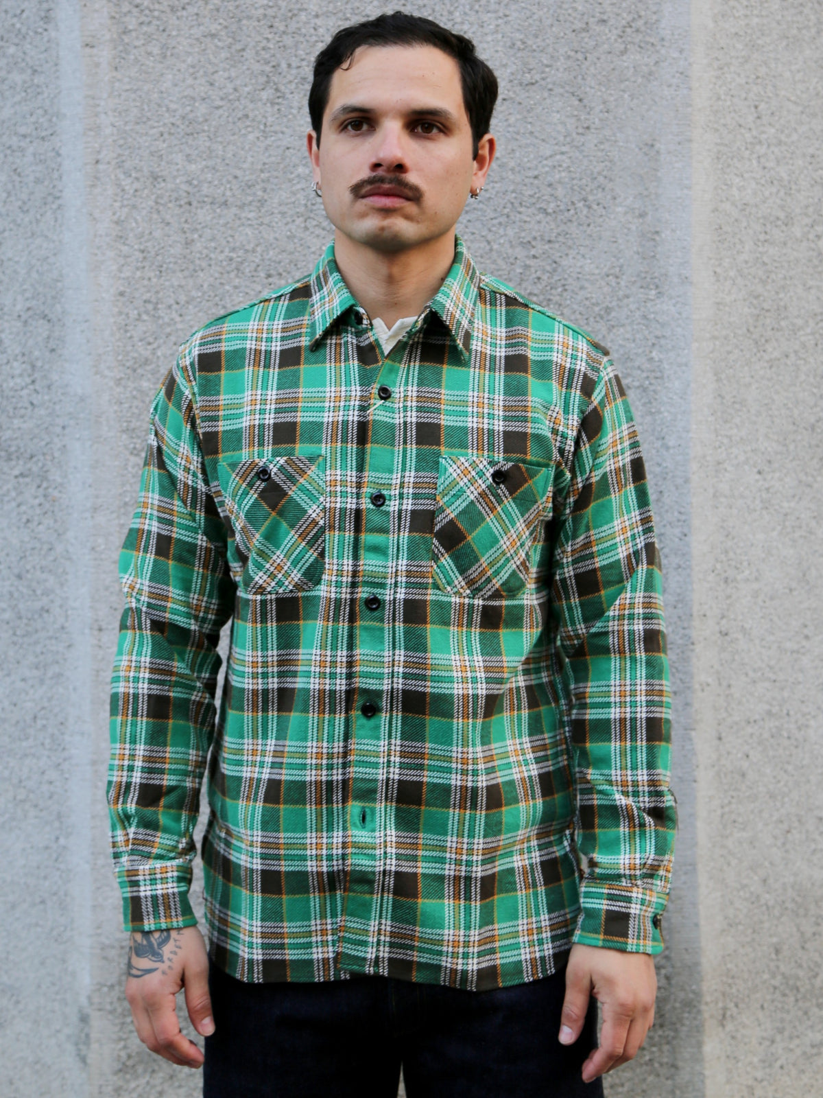 Sugar Cane Twill Check Work Shirt – Green (SC29564)