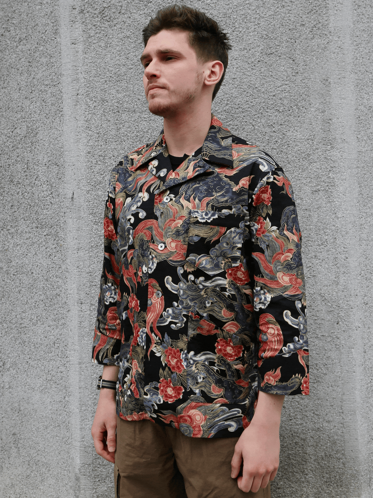 Black Sign “Japanese Lion and Peony” Night Shirt – Midnight Black (BSSL-26108)