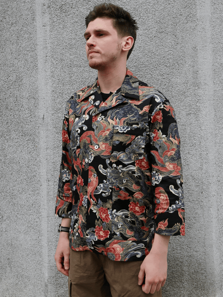 Black Sign “Japanese Lion and Peony” Night Shirt – Midnight Black (BSSL-26108)