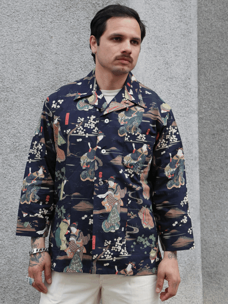 Black Sign “Kuniyoshi Utagawa” Three Quarter Sleeve Night Hawaiian Shirt – Sumidagawa-no-Asagiri (BSSL-25110)