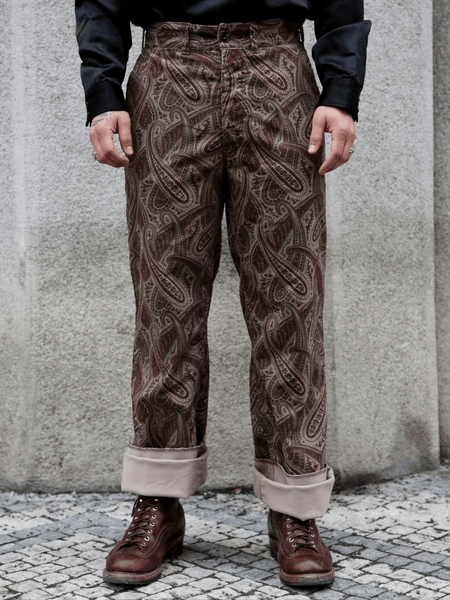 Black Sign Slant Cord Paisley Harbor Trousers – Sand Beige x Bordeaux (BSFP-25509)
