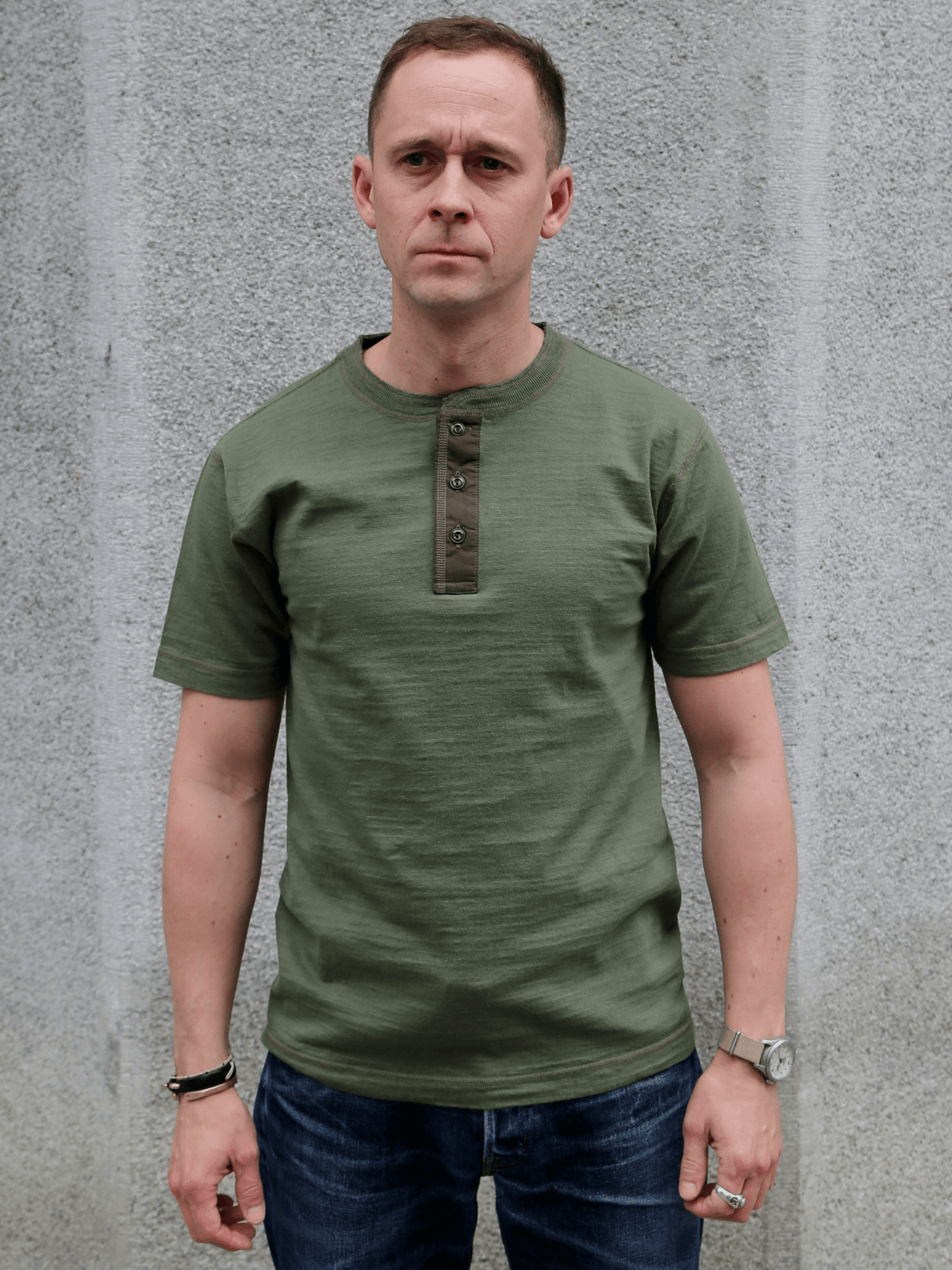 Buzz Ricksons Slub Yarn Henley Neck T-Shirt – Olive (BR79192)