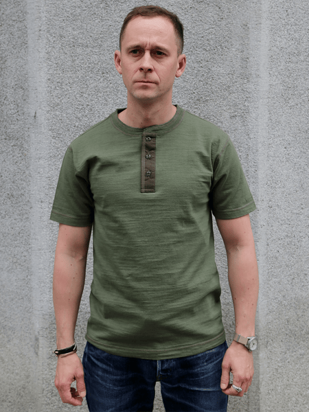 Buzz Ricksons Slub Yarn Henley Neck T-Shirt – Olive (BR79192)