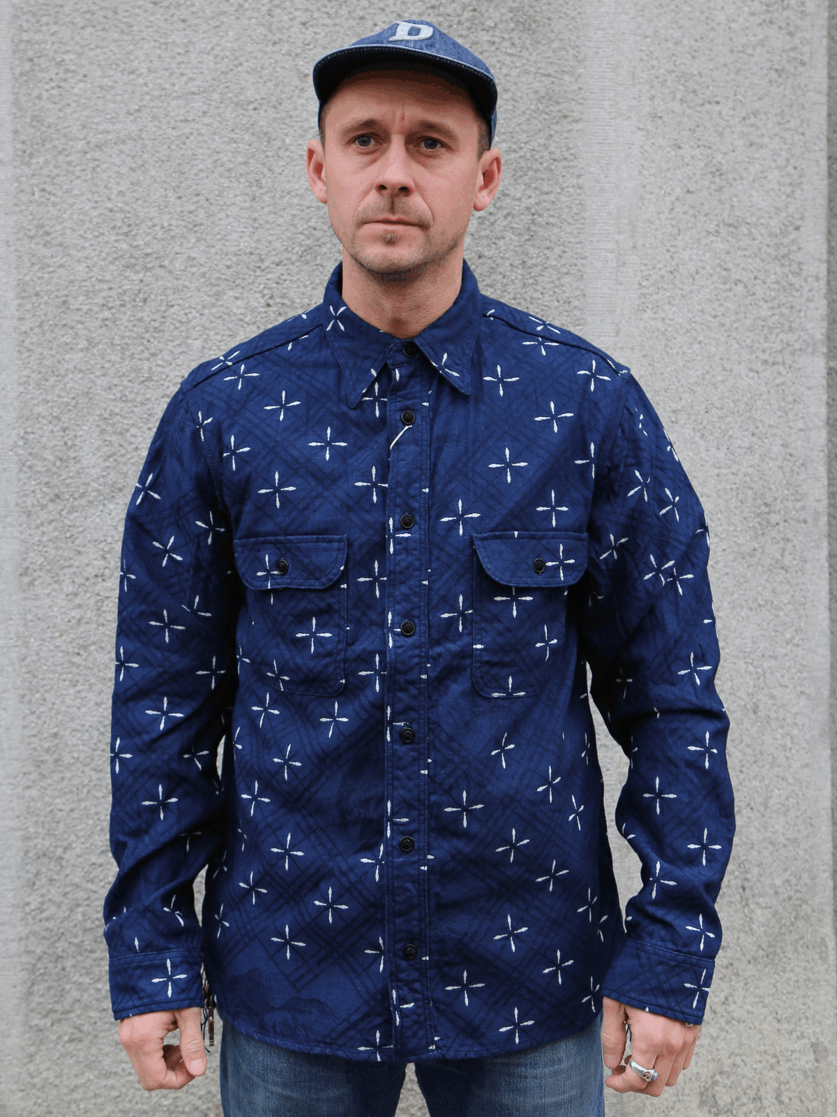Samurai Jeans "Kingyo" Jacquard Work Shirt – Natural Indigo (SSS25-02W)