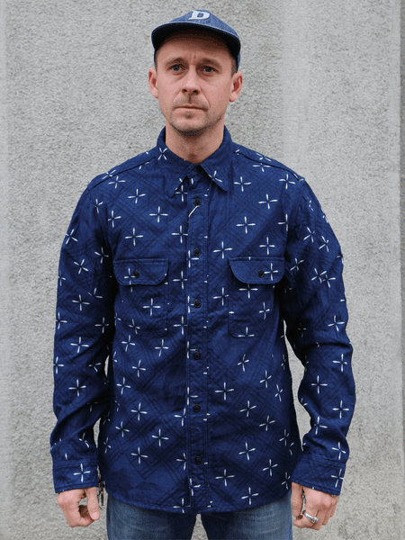 Samurai Jeans "Kingyo" Jacquard Work Shirt – Natural Indigo (SSS25-02W)