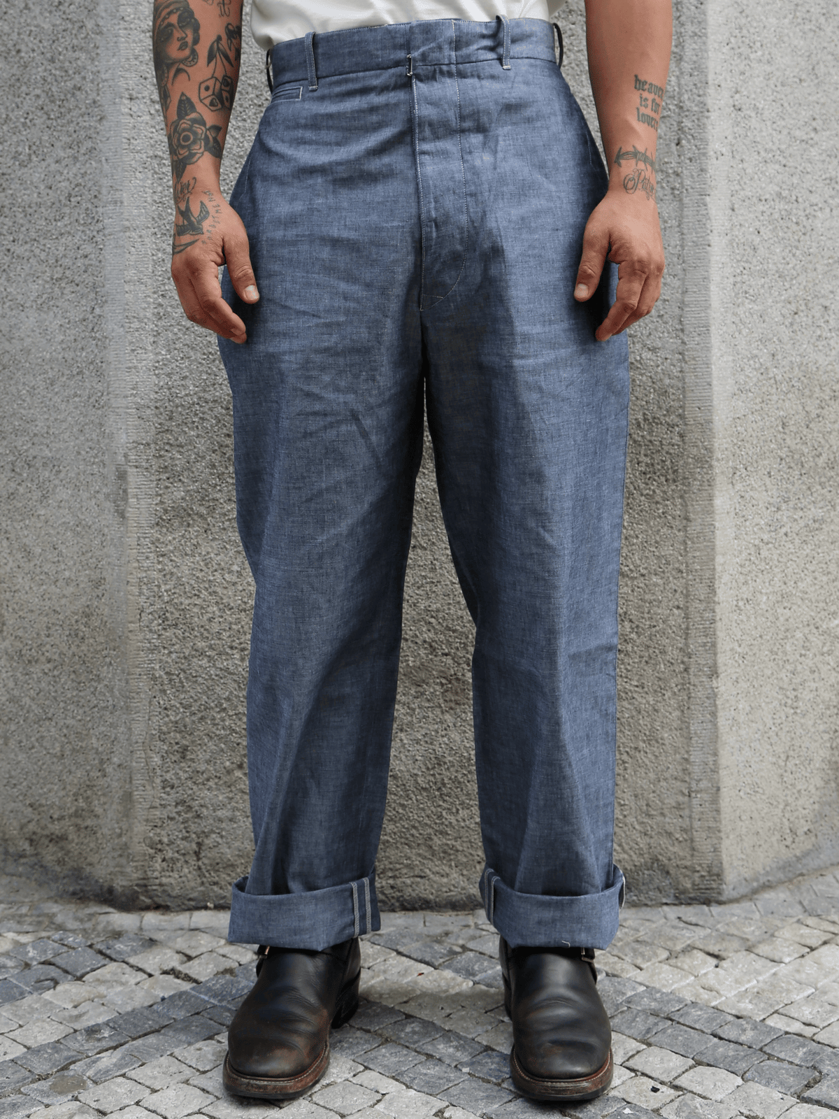 Belafone Hiback Trousers Buckle Back – Blue Chambray (30-6)