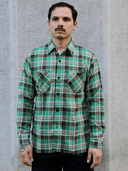 Sugar Cane Twill Check Work Shirt – Green (SC29564)