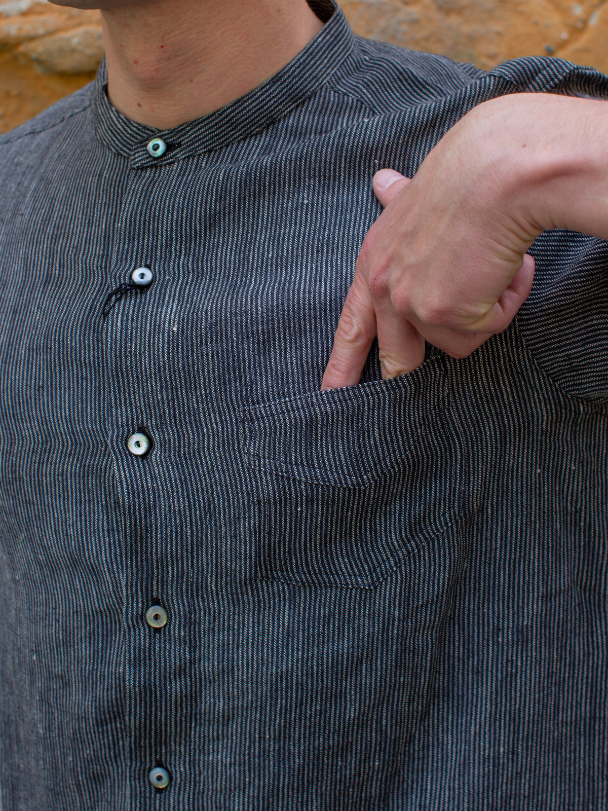 Black Sign Narrow Stripe Band Collar Shirt - Sand Black (BSSL-22106BLK)
