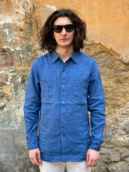 Black Sign French Linen Watch Cuffs Shirt / Sapphire Blue